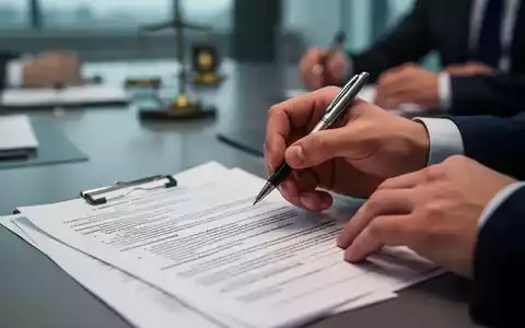 Hände halten einen Stift über einem Vertrag, im Hintergrund ein unscharfes Büro, symbolisiert Arbeitszeitreform und Bürokratie. - Foto: über boerse-global.de
