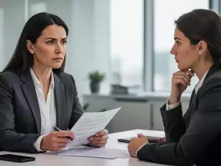 Ein HR-Manager führt ein ernstes, aber strukturiertes Gespräch mit einem Mitarbeiter in einem modernen Büro. Dokumente liegen auf dem Tisch. - Foto: über boerse-global.de