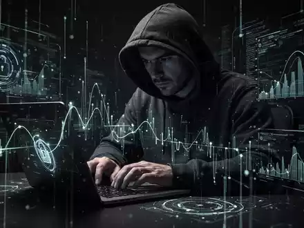 Person in Kapuzenjacke tippt auf Laptop, umgeben von leuchtenden digitalen Linien, Symbol für Cyberkriminalität und Datendiebstahl. - Foto: über boerse-global.de