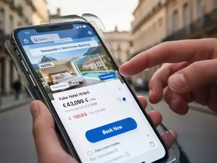Nahaufnahme eines Smartphone-Bildschirms mit gefälschter Reisebuchung zu niedrigem Preis, Betrug andeutend, vor unscharfer Stadtstraße. - Foto: über boerse-global.de