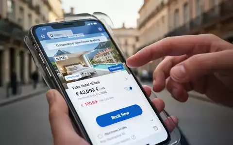 Nahaufnahme eines Smartphone-Bildschirms mit gefälschter Reisebuchung zu niedrigem Preis, Betrug andeutend, vor unscharfer Stadtstraße. - Foto: über boerse-global.de