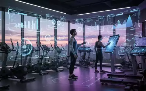 Modernes Fitnessstudio mit holografischer KI-Benutzeroberfläche über Geräten und einer Person, die damit interagiert. - Foto: über boerse-global.de