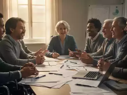 Eine Gruppe von Menschen, darunter einige mit Behinderungen, diskutiert an einem Tisch. Fokus auf Gesichter und Hände. - Foto: über boerse-global.de