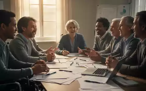 Eine Gruppe von Menschen, darunter einige mit Behinderungen, diskutiert an einem Tisch. Fokus auf Gesichter und Hände. - Foto: über boerse-global.de