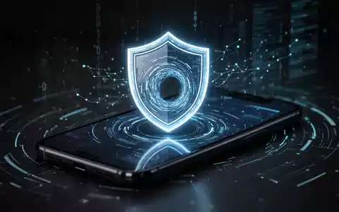 Ein stilisiertes, leuchtendes digitales Schildsymbol über einem Smartphone-Bildschirm, das einen sicheren VPN-Tunnel darstellt. - Foto: über boerse-global.de