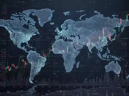 Abstrakte Darstellung globaler Finanzmärkte mit Datenströmen und Weltkarte. - Foto: über boerse-global.de