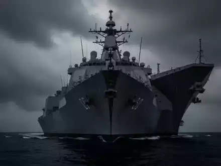 Eine imposante Silhouette eines modernen Kriegsschiffes vor einem dramatischen, stürmischen Himmel, das Stillstand symbolisiert. - Foto: über boerse-global.de