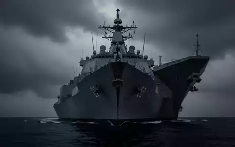 Eine imposante Silhouette eines modernen Kriegsschiffes vor einem dramatischen, stürmischen Himmel, das Stillstand symbolisiert. - Foto: über boerse-global.de