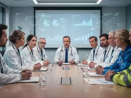 Eine Gruppe von Fachleuten diskutiert in einem modernen Konferenzraum, mit Diagrammen und Daten im Hintergrund, die psychische Gesundheit und Arbeitssicherheit thematisieren. - Foto: über boerse-global.de