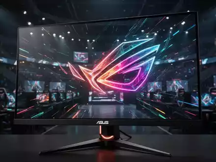Nahaufnahme eines leistungsstarken OLED-Gaming-Monitors mit bunten, schnellen Grafiken in einer Esports-Umgebung. - Foto: über boerse-global.de