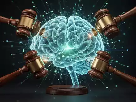 Stilisierte KI-Neuronale Netzwerke, getroffen von juristischen Hämmern, symbolisieren Klage gegen KI-Unternehmen. - Foto: über boerse-global.de