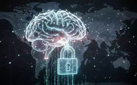 Stilisierte leuchtende neuronale Netz-Hirn mit Binärcode, der in ein digitales Schloss fließt, symbolisiert Datendiebstahl und Identitätsprüfung. - Foto: über boerse-global.de