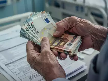 Nahaufnahme der Hände einer älteren Person, die Euro-Banknoten hält, mit einem unscharfen Hintergrund von medizinischen Dokumenten. - Foto: über boerse-global.de