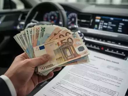 Eine Hand hält einen Stapel Euro-Banknoten, im unscharfen Hintergrund sind ein Autocockpit und ein juristisches Dokument zu sehen. - Foto: über boerse-global.de