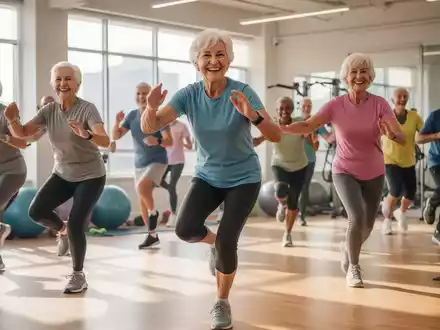 Eine Gruppe lächelnder Senioren nimmt an einem Fitnesskurs teil, macht leichte Übungen in einem hellen, modernen Fitnessstudio. - Foto: über boerse-global.de