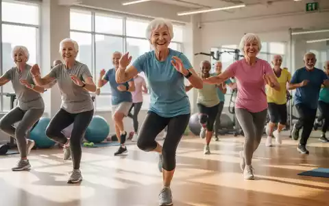 Eine Gruppe lächelnder Senioren nimmt an einem Fitnesskurs teil, macht leichte Übungen in einem hellen, modernen Fitnessstudio. - Foto: über boerse-global.de