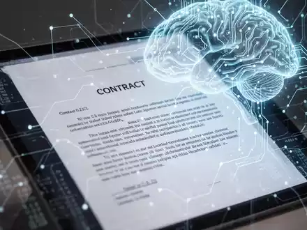 Digitales Rechtsdokument auf einem Bildschirm mit abstrakten KI-Elementen, symbolisiert intelligentes Vertragsmanagement und Automatisierung. - Foto: über boerse-global.de