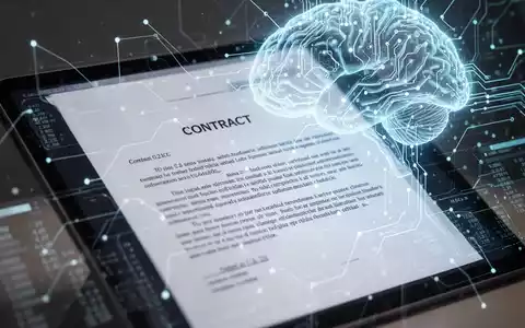 Digitales Rechtsdokument auf einem Bildschirm mit abstrakten KI-Elementen, symbolisiert intelligentes Vertragsmanagement und Automatisierung. - Foto: über boerse-global.de