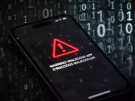 Ein Smartphone-Bildschirm zeigt eine Warnmeldung oder ein Symbol einer bösartigen App mit verschwommenem, bedrohlichem Hintergrund aus Binärcode. - Foto: über boerse-global.de