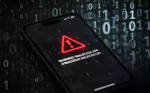 Ein Smartphone-Bildschirm zeigt eine Warnmeldung oder ein Symbol einer bösartigen App mit verschwommenem, bedrohlichem Hintergrund aus Binärcode. - Foto: über boerse-global.de
