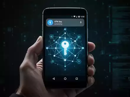 Ein Android-Smartphone in einer Hand, das ein VPN-Schlüsselsymbol in der Benachrichtigungsleiste anzeigt. Der Bildschirm zeigt eine Netzwerkverbindung. - Foto: über boerse-global.de