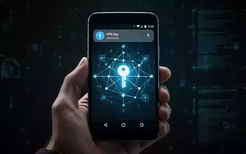 Ein Android-Smartphone in einer Hand, das ein VPN-Schlüsselsymbol in der Benachrichtigungsleiste anzeigt. Der Bildschirm zeigt eine Netzwerkverbindung. - Foto: über boerse-global.de