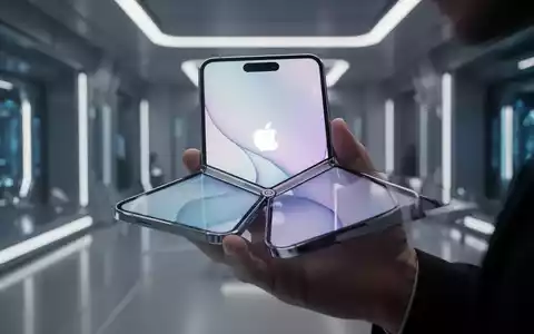 Faltbares Smartphone der Zukunft, möglicherweise iPhone Ultra, mit leuchtendem Display und sichtbarem Scharnier, in moderner Umgebung. - Foto: über boerse-global.de