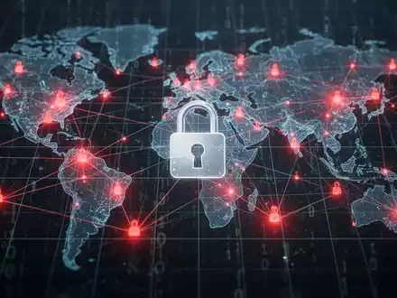 Digitales Netzwerkgitter mit rot leuchtenden Knoten und einem Vorhängeschloss-Symbol, das Cybersicherheitsbedrohungen und deren Störung symbolisiert. - Foto: über boerse-global.de