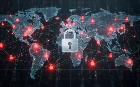 Digitales Netzwerkgitter mit rot leuchtenden Knoten und einem Vorhängeschloss-Symbol, das Cybersicherheitsbedrohungen und deren Störung symbolisiert. - Foto: über boerse-global.de