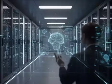 Modernes Rechenzentrum mit blau leuchtenden Servern, Silhouette einer Person im Vordergrund, symbolisiert Deutschlands KI-Transformationsherausforderungen. - Foto: über boerse-global.de