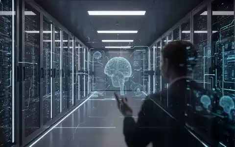 Modernes Rechenzentrum mit blau leuchtenden Servern, Silhouette einer Person im Vordergrund, symbolisiert Deutschlands KI-Transformationsherausforderungen. - Foto: über boerse-global.de