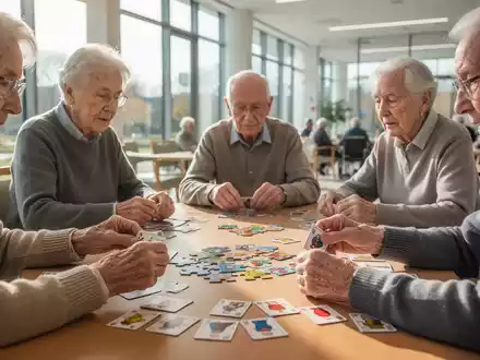 Ältere Menschen nehmen an einer Gedächtnistrainingssitzung teil, möglicherweise mit Puzzles oder Kartenspielen, in einem hellen Gemeindezentrum. - Foto: über boerse-global.de