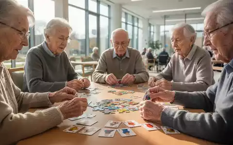 Ältere Menschen nehmen an einer Gedächtnistrainingssitzung teil, möglicherweise mit Puzzles oder Kartenspielen, in einem hellen Gemeindezentrum. - Foto: über boerse-global.de