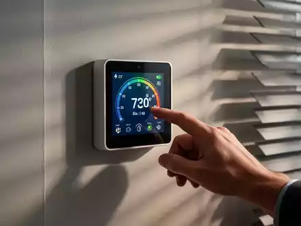 Eine Hand passt einen intelligenten Thermostat an, der eine hohe Temperatur anzeigt, mit geschlossenen Jalousien im Hintergrund. - Foto: über boerse-global.de