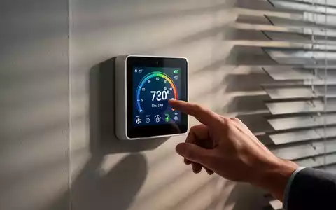 Eine Hand passt einen intelligenten Thermostat an, der eine hohe Temperatur anzeigt, mit geschlossenen Jalousien im Hintergrund. - Foto: über boerse-global.de