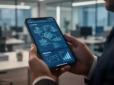 Ein Smartphone-Bildschirm mit KI-gestützter Workflow-Oberfläche, gehalten von einer Person in professioneller Umgebung. - Foto: über boerse-global.de