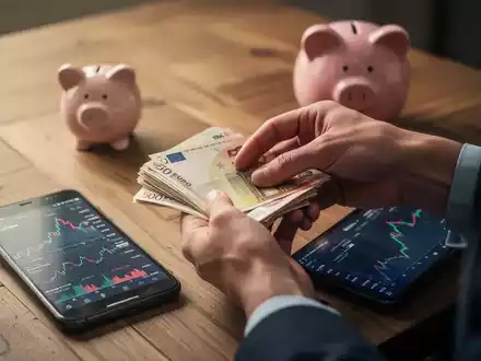Hände zählen Euro-Banknoten, daneben ein Smartphone mit Finanzdiagrammen und ein Sparschwein. Symbolisiert Sparneigung und Konsumverhalten. - Foto: über boerse-global.de