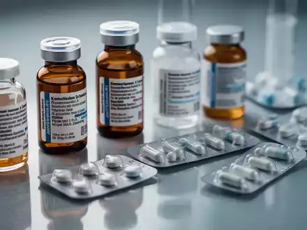 Nahaufnahme von verschiedenen Medikamentenflaschen und Blisterpackungen auf einer sterilen, reflektierenden Oberfläche. - Foto: über boerse-global.de