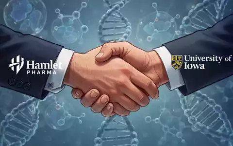 Zwei Hände schütteln sich, die Hamlet Pharma und die University of Iowa symbolisieren, mit wissenschaftlichen Elementen im Hintergrund. - Foto: über boerse-global.de