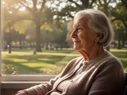 Eine ältere Person genießt helles, natürliches Tageslicht, das durch ein Fenster fällt oder sie im Freien umgibt. - Foto: über boerse-global.de