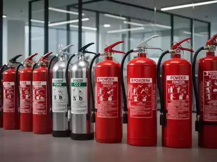 Eine Reihe verschiedener Feuerlöscher, darunter Schaum-, CO2- und Pulverlöscher, in einer modernen Büroumgebung. - Foto: über boerse-global.de