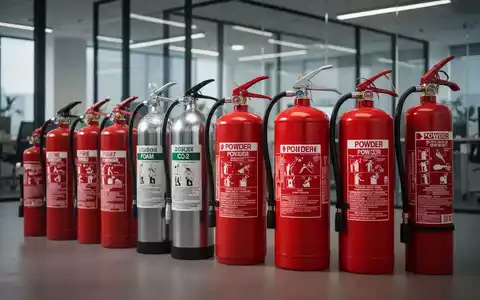 Eine Reihe verschiedener Feuerlöscher, darunter Schaum-, CO2- und Pulverlöscher, in einer modernen Büroumgebung. - Foto: über boerse-global.de