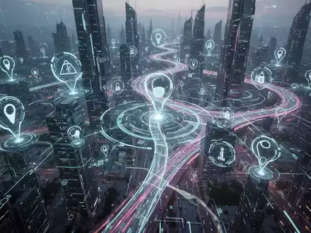 Futuristische Stadtlandschaft mit holografischen Navigationsüberlagerungen und leuchtenden digitalen Pfaden, die fortschrittliche KI in der Kartierung symbolisieren. - Foto: über boerse-global.de