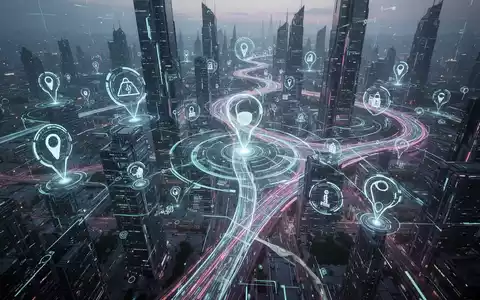 Futuristische Stadtlandschaft mit holografischen Navigationsüberlagerungen und leuchtenden digitalen Pfaden, die fortschrittliche KI in der Kartierung symbolisieren. - Foto: über boerse-global.de