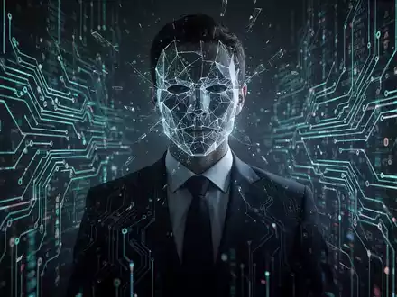 Verschattete Gestalt mit gebrochenem, leuchtendem Digitalgesicht, umgeben von abstrakten Datenströmen, symbolisiert KI-Auswirkungen auf Unternehmenssicherheit und Deepfakes. - Foto: über boerse-global.de