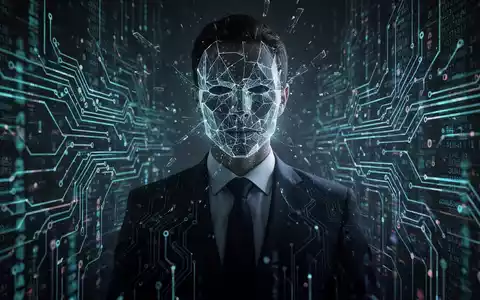 Verschattete Gestalt mit gebrochenem, leuchtendem Digitalgesicht, umgeben von abstrakten Datenströmen, symbolisiert KI-Auswirkungen auf Unternehmenssicherheit und Deepfakes. - Foto: über boerse-global.de