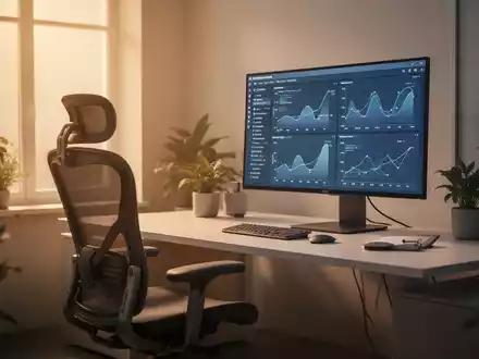 Ein moderner, ergonomischer Büroarbeitsplatz mit Monitor, Tastatur und einer Pflanze, beleuchtet von warmem Fensterlicht. - Foto: über boerse-global.de