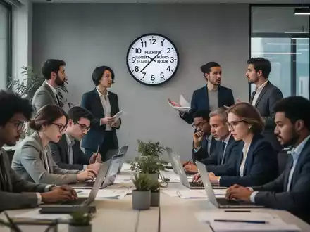 Menschen arbeiten in einem modernen Büro, einige an Laptops, andere diskutieren. Eine digitale Uhr zeigt flexible Arbeitszeiten an. - Foto: über boerse-global.de