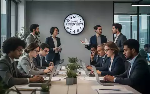 Menschen arbeiten in einem modernen Büro, einige an Laptops, andere diskutieren. Eine digitale Uhr zeigt flexible Arbeitszeiten an. - Foto: über boerse-global.de