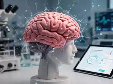 Ein verschwommenes Modell eines menschlichen Gehirns mit digitalen Linien, darüber medizinische Geräte und eine Tablet-App. - Foto: über boerse-global.de